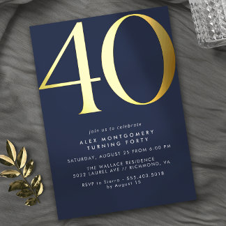 Dunkle blaue Marine + Gold | Cool Modern 40. Gebur Folieneinladung