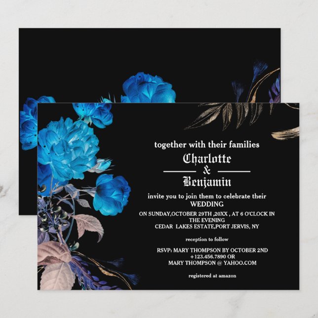 Dunkle blaue und goldene Rose Gothic Wedding Einladung (Vorne/Hinten)