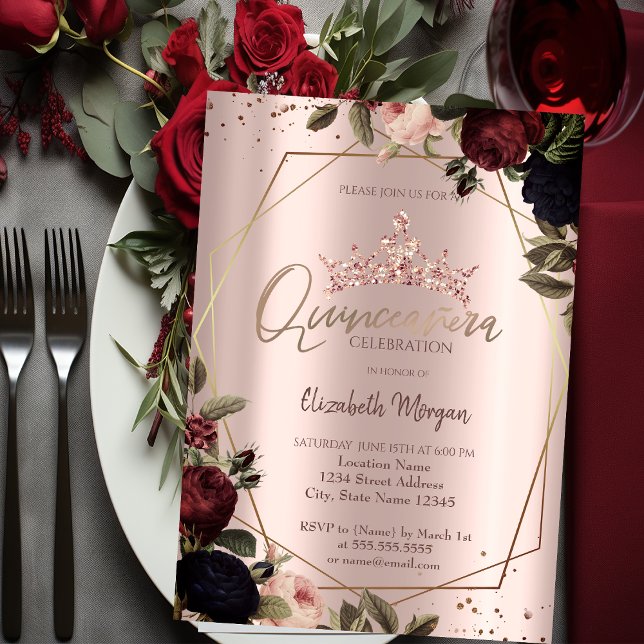Dunkle Blume Kronen Rose Gold Quinceañera Einladung (Von Creator hochgeladen)