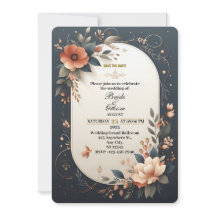 Dunkle Blumen Navy- und Pfirsich-Hochzeitseinladun
