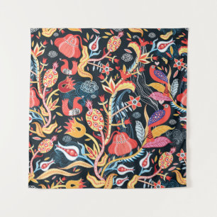 Dunkle Blumenvögel: Ziermuster. Wandteppich