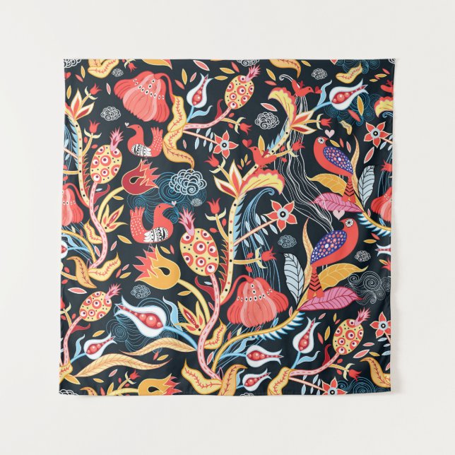 Dunkle Blumenvögel: Ziermuster. Wandteppich (Vorderseite)
