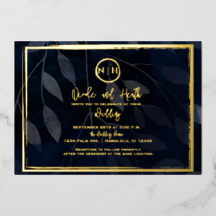 Dunkle Botanische Elegante Navyblaue und Goldene H Folieneinladung