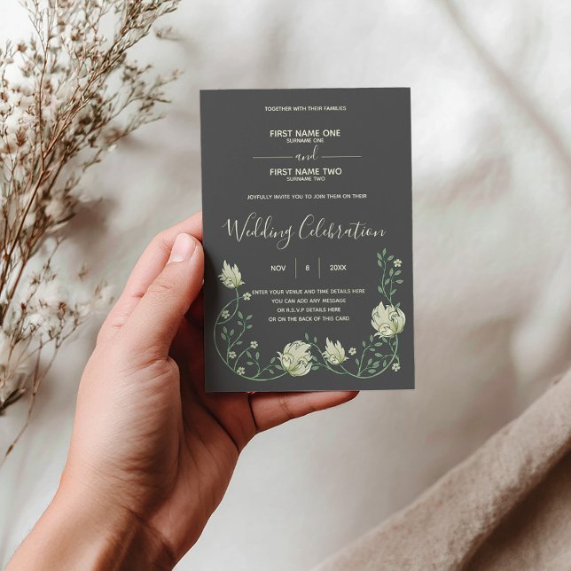 Dunkle botanische Jugendstil-Hochzeit Einladung (Dark Art nouveau botanical wedding invitation with floral frame.
)