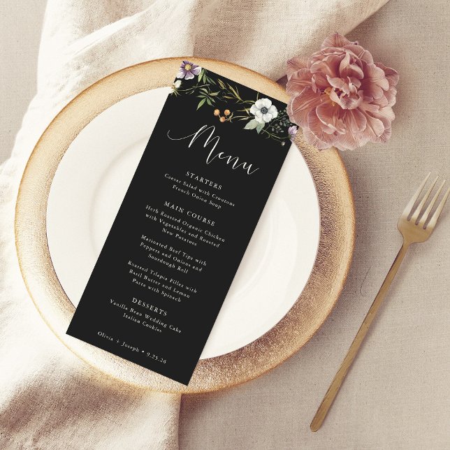 Dunkle botanische Wildblumen Einfache Hochzeit Menükarte (A simple and elegant wedding menu decorated with wildflowers)