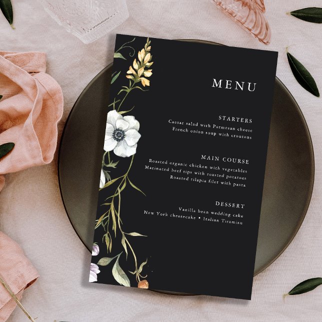 Dunkle botanische Wildblumen | Elegantes Hochzeits (A trendy and whimsical wedding menu featuring colorful wildflowers)