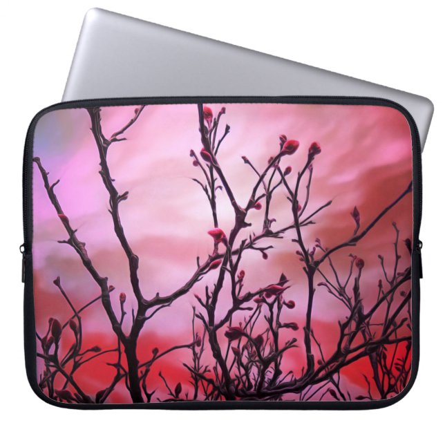Dunkle Branchen roten Buds und fiery Sky Laptopschutzhülle (Vorderseite)