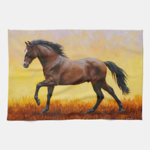 Dunkle Bucht Stallion Pferde Galopp Geschirrtuch