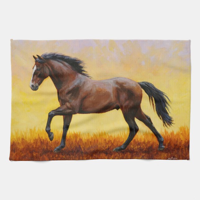 Dunkle Bucht Stallion Pferde Galopp Geschirrtuch (Horizontal)