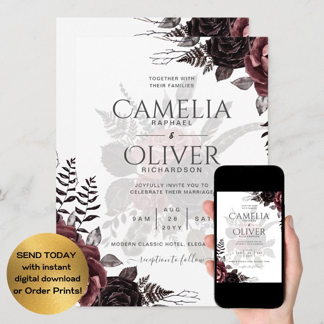 Dunkle Burgund Schwarze Rose Hochzeitsfest Winter Einladung (Von Creator hochgeladen)