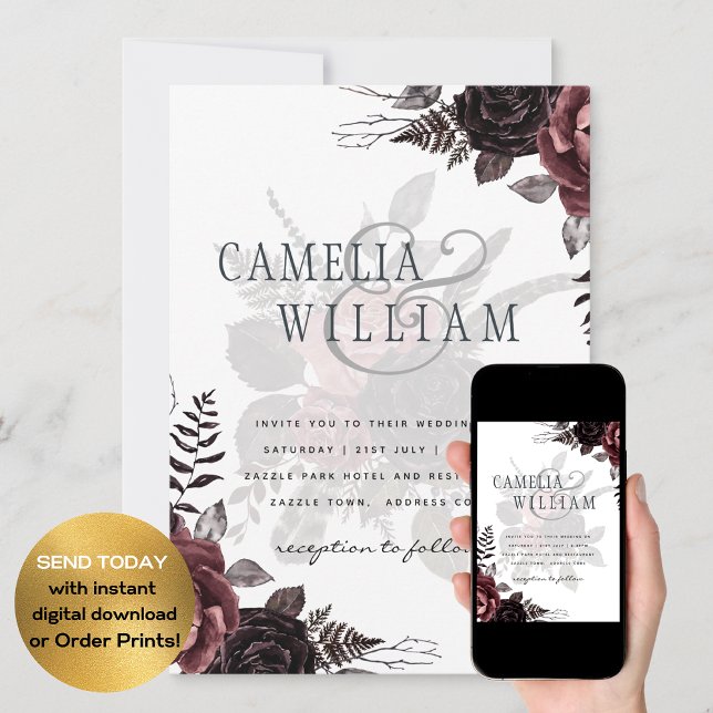 Dunkle Burgund Schwarze Rose Hochzeitsfest Winter Einladung (Von Creator hochgeladen)