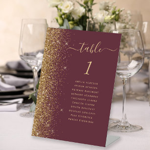 Dunkle Burgunder-Gold-Glitter-Hochzeitstisch-Numme Sockelschild