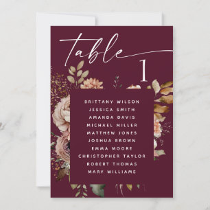 Dunkle Burgunder-Hochzeitssitzordnung Boho-Flora Einladung