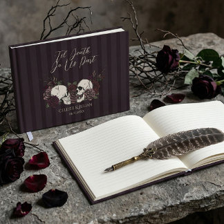 Dunkle Burgunder Schädel und Rosen Hochzeitsfoto Gästebuch