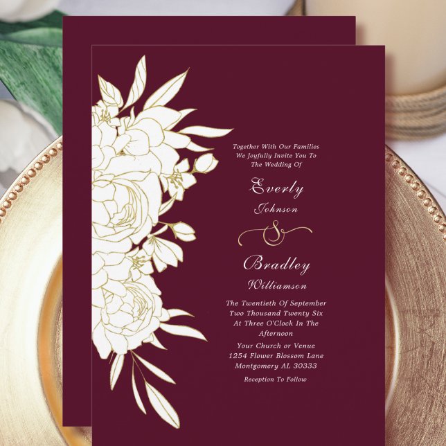 Dunkle Burgundy Gold White Floral Elegante Hochzei Einladung (Von Creator hochgeladen)