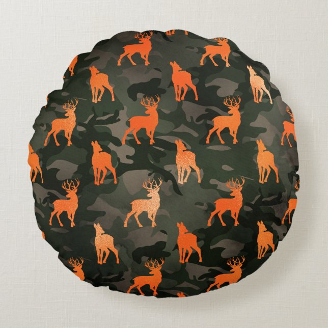 Dunkle Camouflage mit Orange Deer Rundes Kissen (Vorderseite)