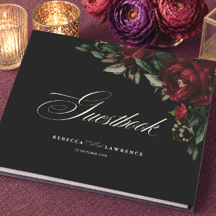Dunkle chic gothic rote grüne florale moody Hochze Gästebuch