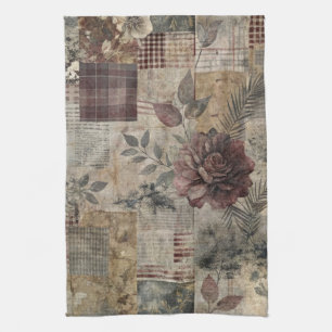 Dunkle Cottage-Blumenpatchwork - Burgunderrot & Ho Geschirrtuch