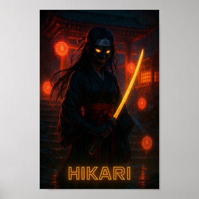 Dunkle Cyberpunk-Anime-Girl mit glühender Katana Poster (Vorne)
