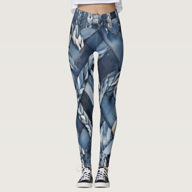 Dunkle denim-patchwork mit zöpfen und distressing leggings (Vorderseite)