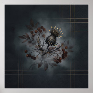 Dunkle Distel-Ebereschen-Beeren-Gold-Tartan-Plakat Poster