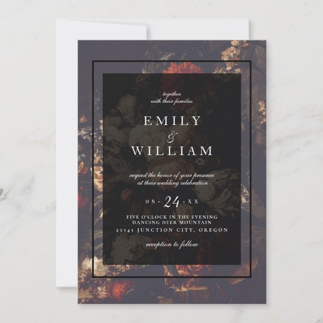 Dunkle dramatische Moody Autumn Floral Custom Wedd Einladung (Vorderseite)
