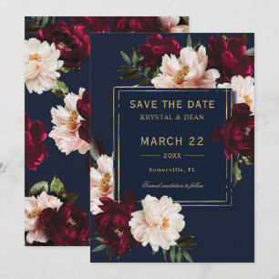 Dunkle, düstere Burgunderrote Blush Navyblaue Flor Save The Date