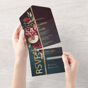 Dunkle, düstere, kühne, florale Marsala-Hochzeit All In One Einladung