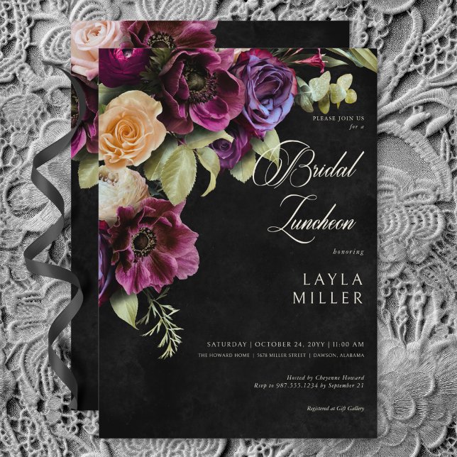 Dunkle Elegant Black Dramatic Floral Bridal Lunche Einladung (Dark Elegant Black Dramatic Floral Bridal Luncheon Invitation)