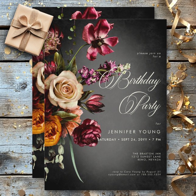 Dunkle Elegant Blur Autumn Floral Birthday Einladung (Dark Elegant Blur Autumn Floral Birthday Invitation)