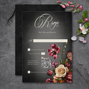 Dunkle Elegant Blur Autumn Floral Wedding QR Code RSVP Karte
