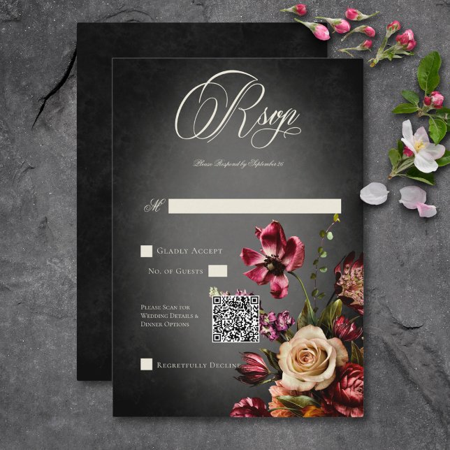 Dunkle Elegant Blur Autumn Floral Wedding QR Code RSVP Karte (Dark Elegant Blur Autumn Floral Wedding QR Code RSVP Card)