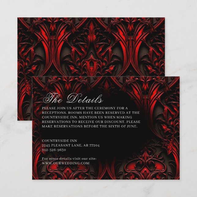 Dunkle Elegant Rot & Schwarz Gothic Damask Hochzei Begleitkarte (Vorne/Hinten)