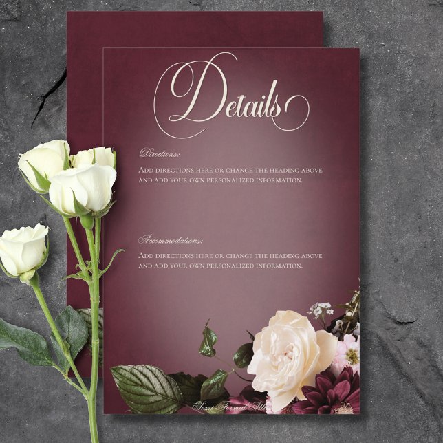 Dunkle Elegante Burgundy & Cream Blur Details Begleitkarte (Dark Elegant Burgundy & Cream Blur Floral Details Enclosure Card)