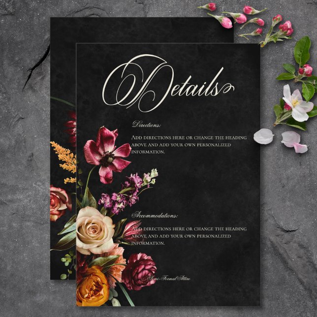 Dunkle Elegante Herbstblütenhochzeit Details Begleitkarte (Dark Elegant Autumn Floral Wedding Details Enclosure Card)