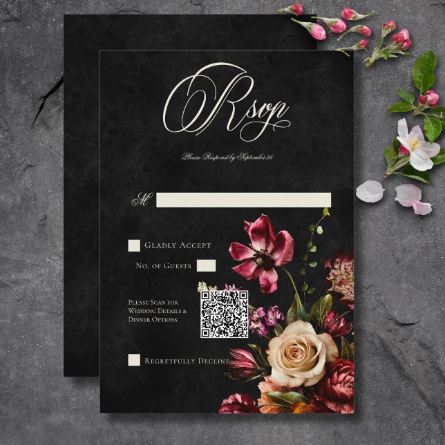 Dunkle Elegante Herbstblütenhochzeit QR-Code RSVP Karte (Dark Elegant Autumn Floral Wedding QR Code RSVP Card)