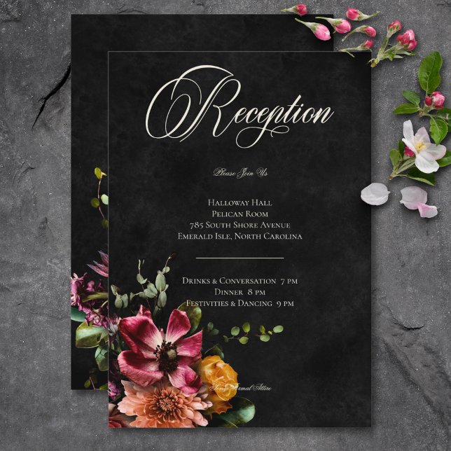 Dunkle elegante Herbsthochzeit Begleitkarte (Dark Elegant Autumn Floral Wedding Reception Enclosure Card)