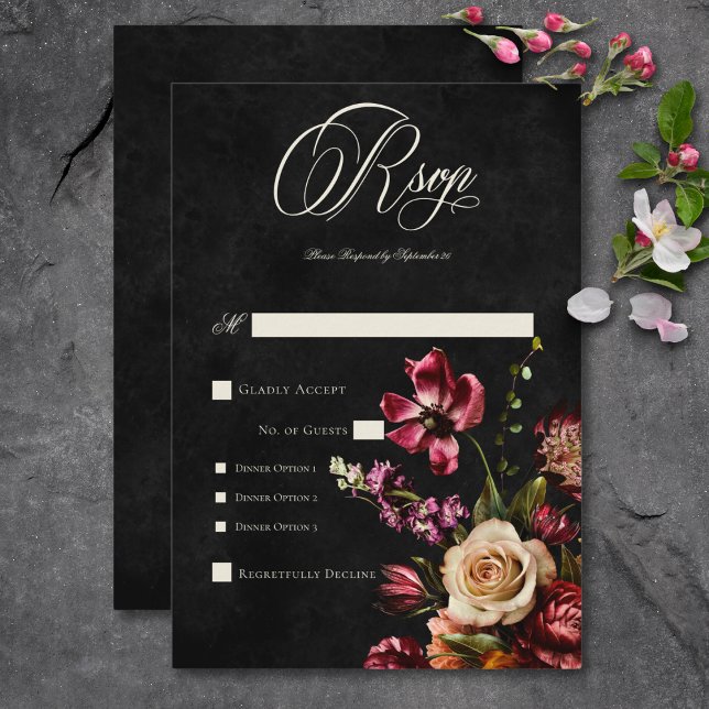 Dunkle Elegante Herbstwochenende RSVP Karte (Dark Elegant Autumn Floral Wedding Dinner RSVP Card)