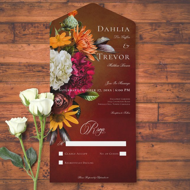 Dunkle Elegante Sommer Sonnenuntergang Blumen Kein All In One Einladung (Dark Elegant Summer Sunset Floral No Dinner All In One Invitation)