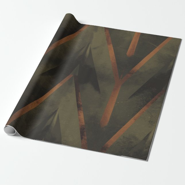 Dunkle Eleganz Orange und grünes Muster Geschenkpapier (Ungerollt)