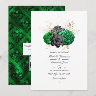 Dunkle Emerald- und Gold Floral QR Code UAWG Weddi Einladung