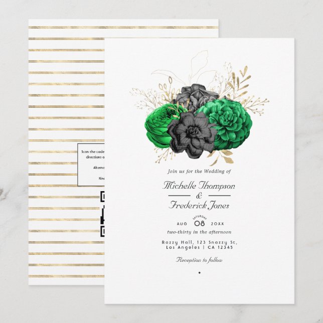 Dunkle Emerald- und Gold Floral QR Code UAWG Weddi Einladung (Vorne/Hinten)