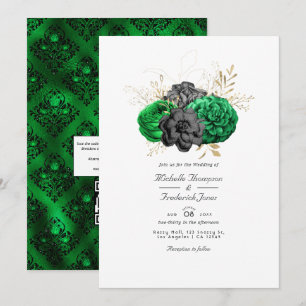 Dunkle Emerald- und Gold Floral QR Code UAWG Weddi Einladung