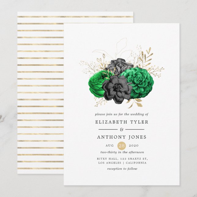 Dunkle Emerald- und Gold Floral Wedding Einladung (Vorne/Hinten)