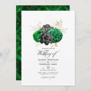 Dunkle Emerald- und Gold Floral Wedding Einladung