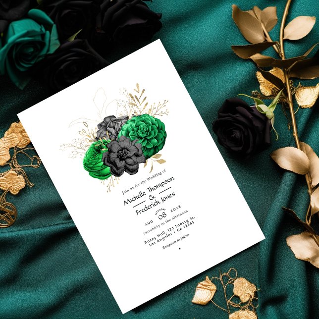 Dunkle Emerald- und Gold Floral Wedding Einladung (Von Creator hochgeladen)