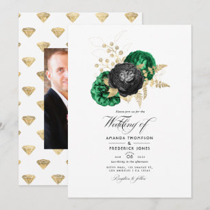 Dunkle Emerald- und Gold Floral Wedding Einladung