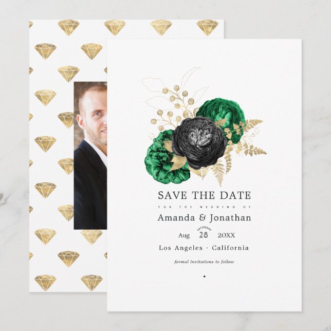 Dunkle Emerald- und Gold Floral Wedding retten das Save The Date (Vorne/Hinten)