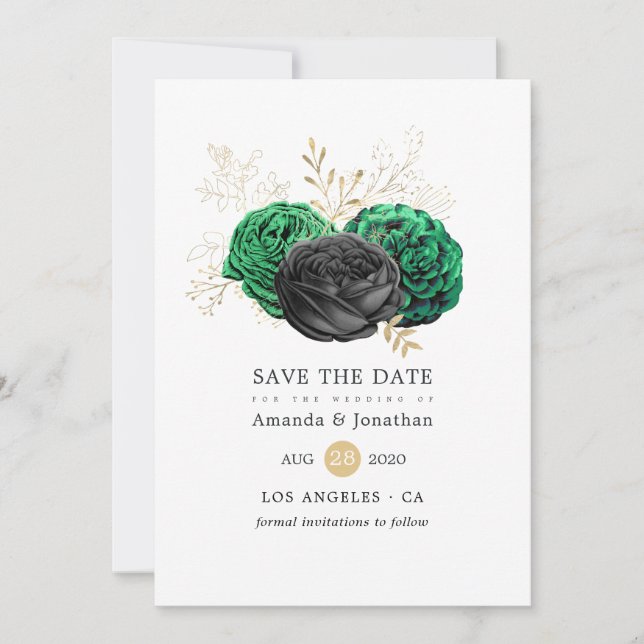 Dunkle Emerald- und Gold Floral Wedding Save The Date (Vorderseite)