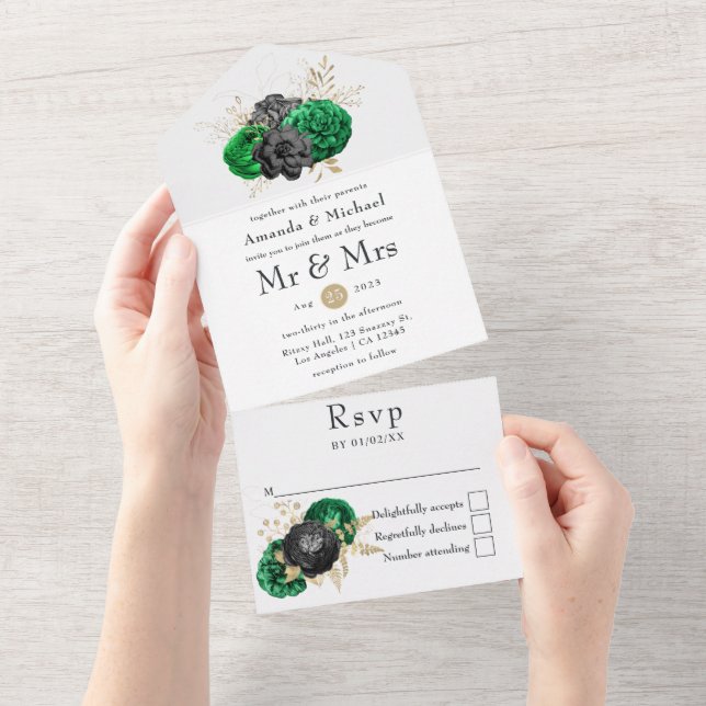 Dunkle Emerald- und Goldblumenhochzeit All In One Einladung (Abreißen)